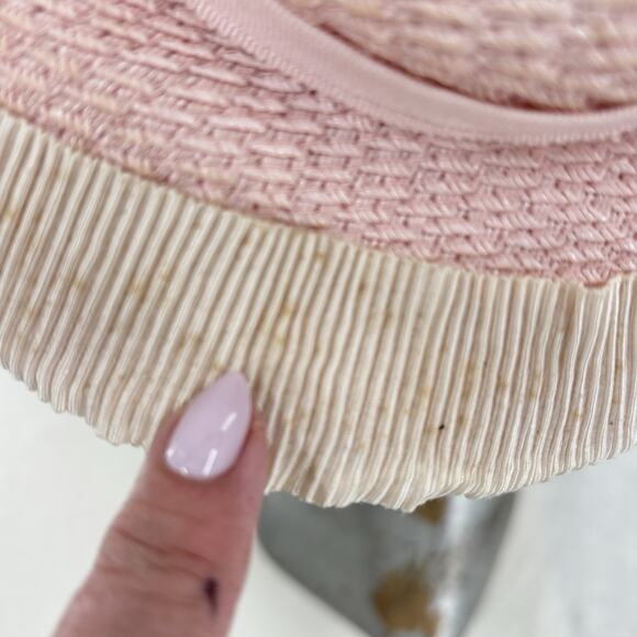 Vtg Pink Woven Straw Wide Brim Sun Hat Grosgrain Ribbon Bow Garden Tea Party main image 5
